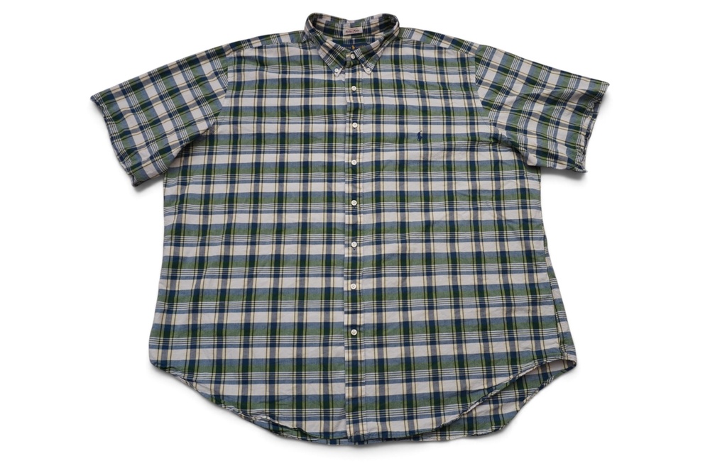Ralph Lauren Shirt Mens 4XLT Green Blue Yellow Bleeding Madras Plaid Short Sleve